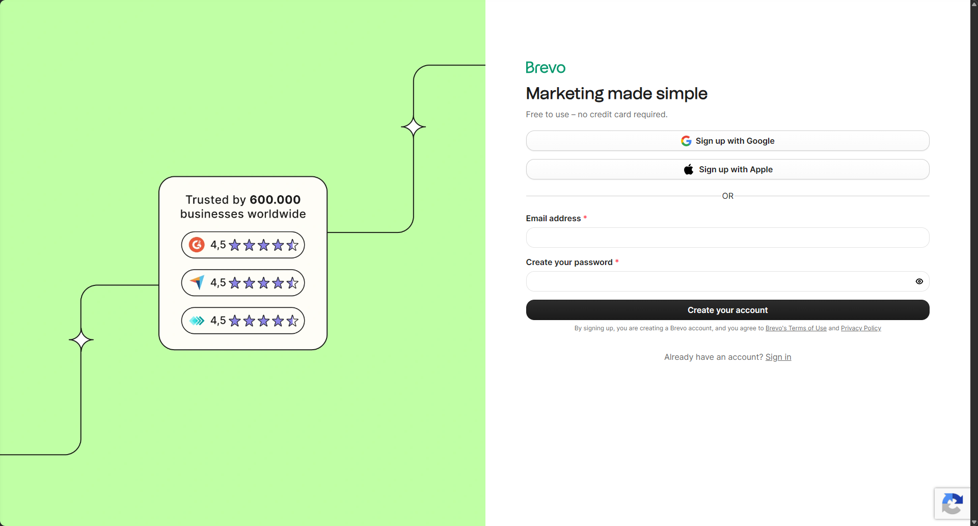 Brevo's signup page showing "Free to use – no credit card required" and options to sign up with Google, Apple, or email
