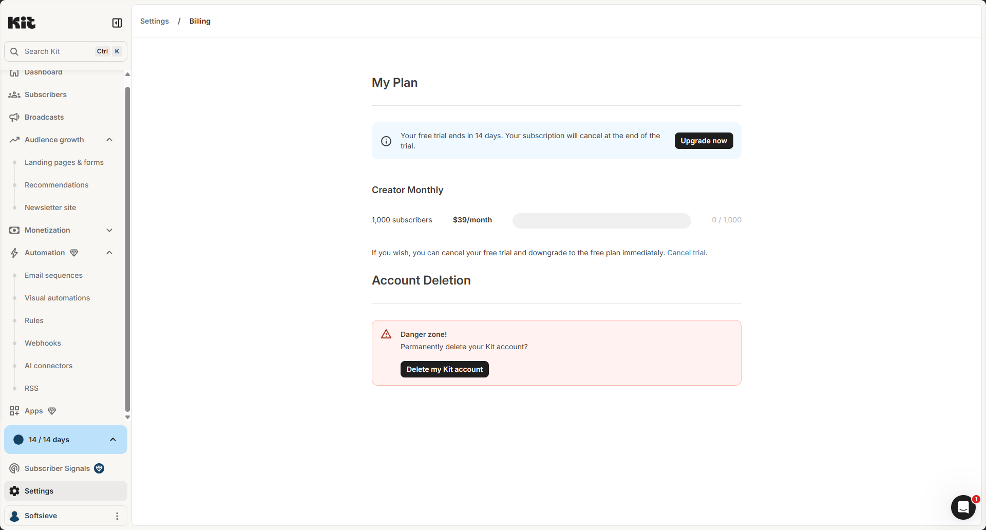 Kit's Billing settings page during the trial, showing Creator Monthly at $39/month for up to 1,000 subscribers and a note that the subscription will be canceled when the free trial ends