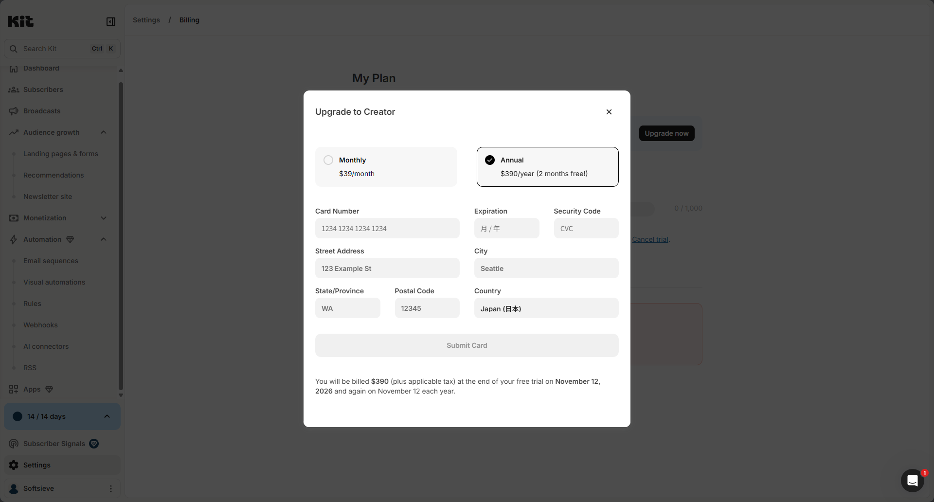 Kit's upgrade screen during the trial, with Monthly at $39 and Annual at $390 billed when the trial ends