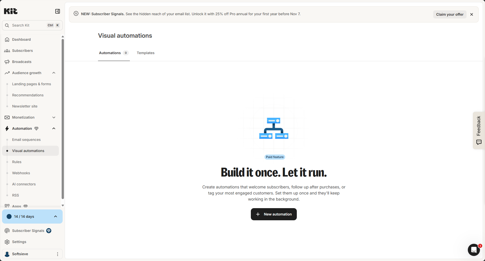 Kit's Visual automations page with a "Paid feature" label and a working New automation button during the trial